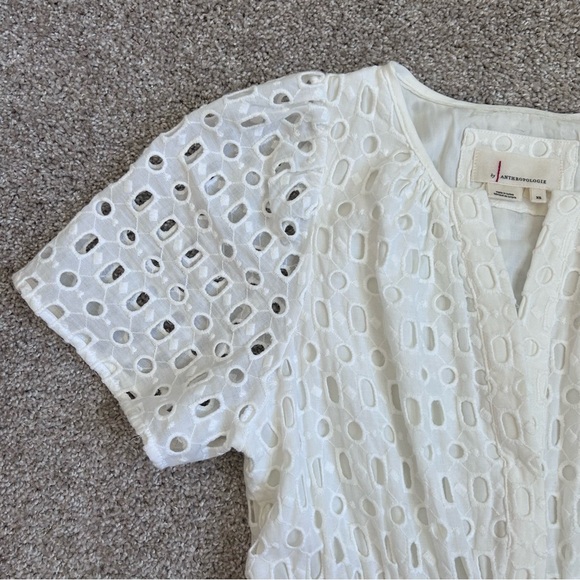 Anthropologie Maeve White Eyelet Puff Sleeve Smocked Waist Mini Dress Size 0 - Picture 10 of 15